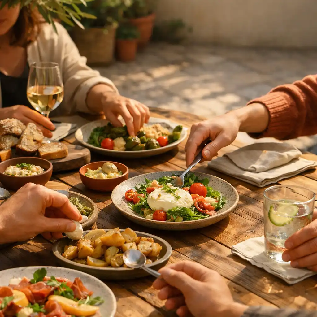 Közös étkezés faasztalnál, megosztott tányérokkal és italokkal
