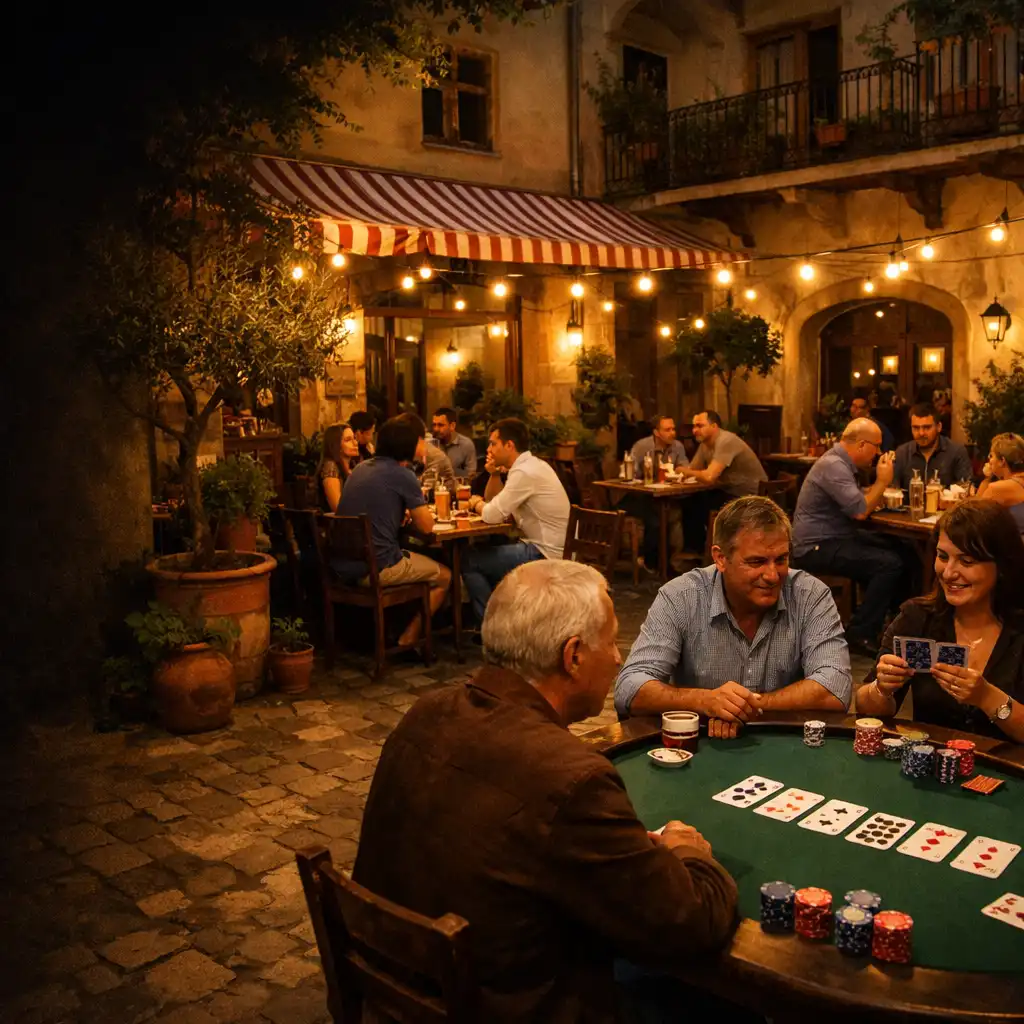 Esti udvar zöld filces pokerasztallal, Kártyákkal, Zsetonokkal és meleg fényfüzérekkel