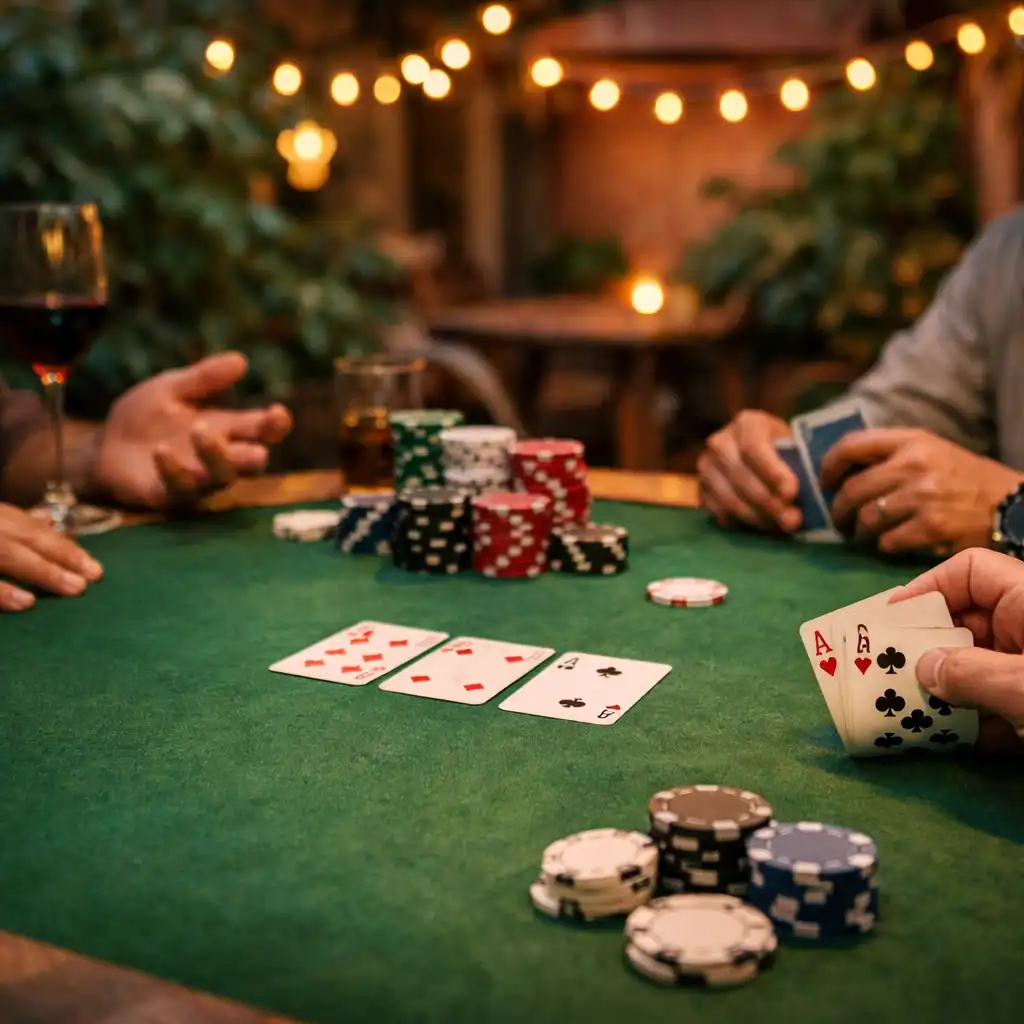 Közeli esti jelenet zöld filces fizikai pokerasztalról Kártyákkal, Zsetonokkal és vendégek kezeivel