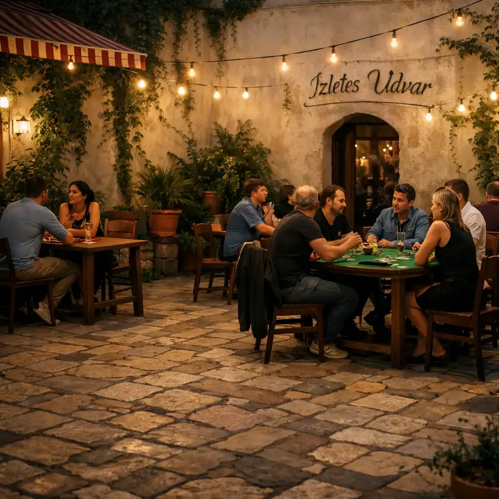 Esti fényfüzérekkel megvilágított udvar valódi pokerasztallal és beszélgető vendégekkel
