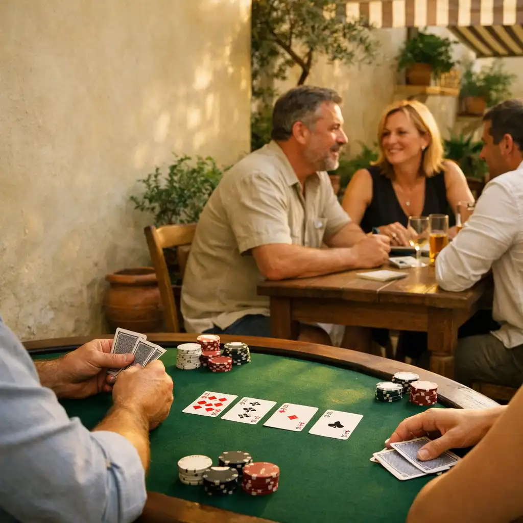 Vendégek valódi zöld filces pokerasztal körül egy napfényes udvarban