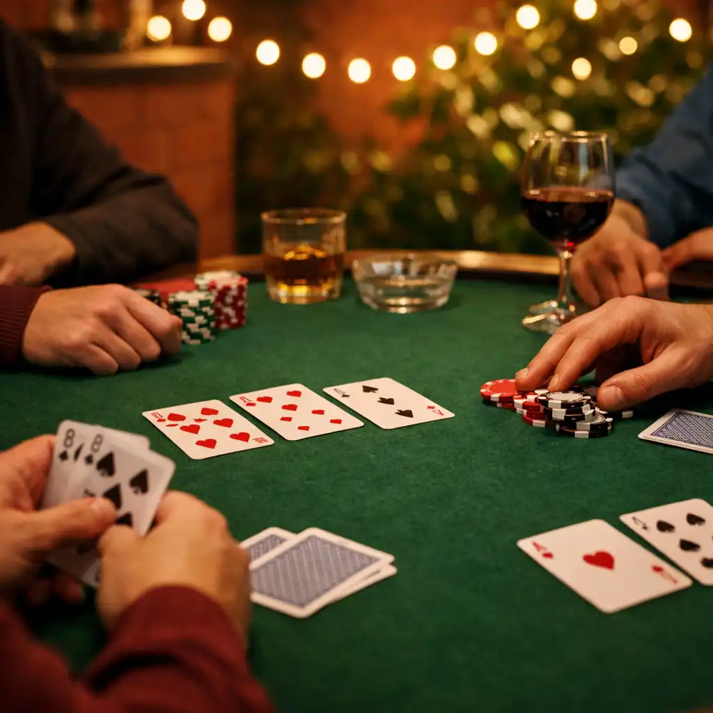Valódi zöld filces pokerasztal kártyákkal és játékosok kezeivel esti fényekben